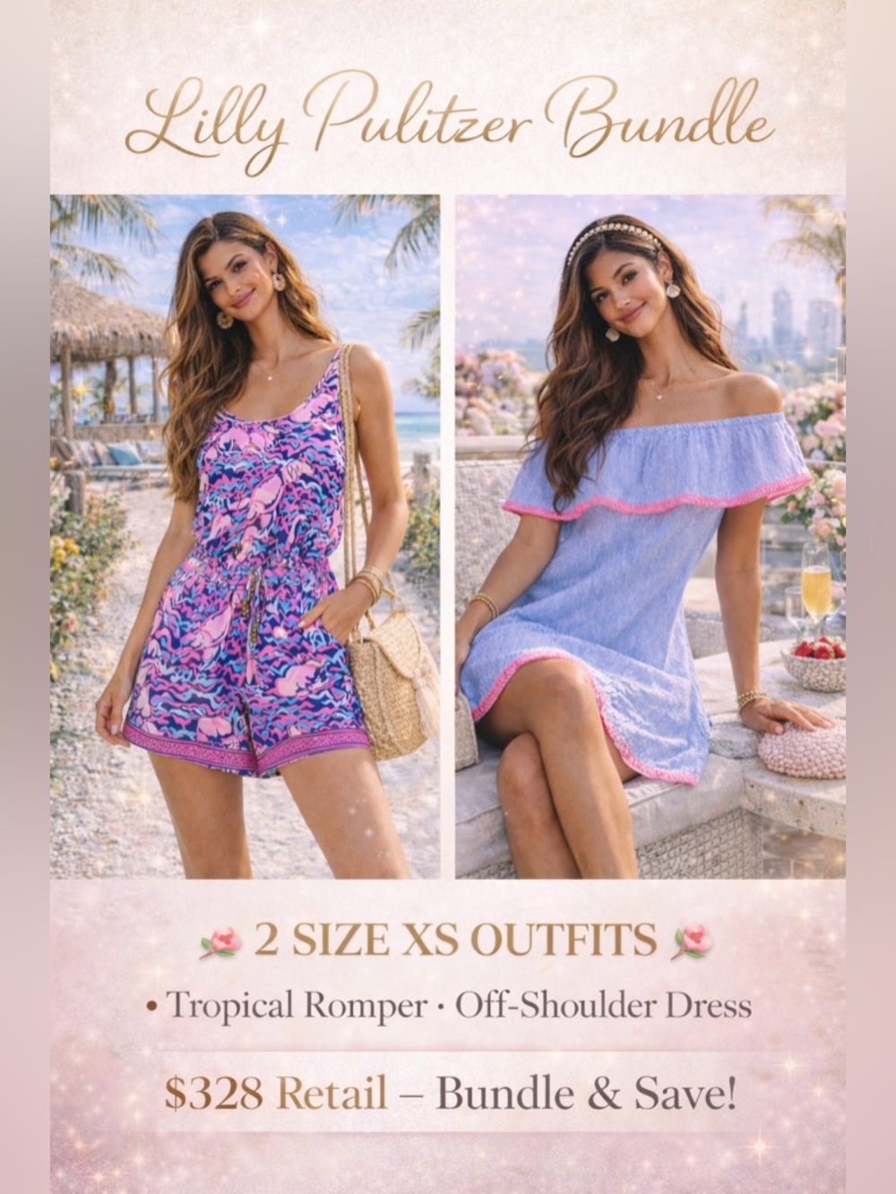 🔥Lilly Pulitzer XS Bundle 🌴 Tropical Romper + Off Shoulder Dress
